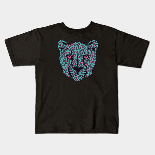 Blue and pink cheetah face Kids T-Shirt by NadiaChevrel